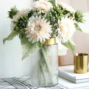 European glass vase flower arrangement detail view, elegant home decor for living room table.