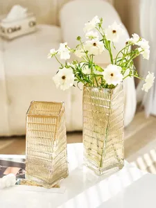 Nordic glass vase creative transparent golden textured flower container for living room decor.