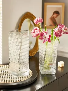 Nordic transparent glass vase creative geometric ribbed flower pot for home living room decor.