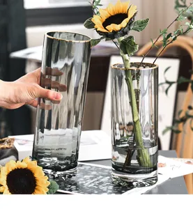 Nordic minimalist clear grey glass vase with gold rim for modern home decor flower arrangement.
