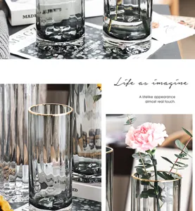 Detailed view of Nordic luxury transparent glass flower vase with gold rim, elegant home decor.