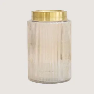 Ribbed glass flower vase with brass ring collar, ideal for modern home decor centerpiece.