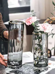 Transparent Glass Vase Nordic Minimalist Creative Gold Rim Vertical Stripe Cylindrical Flower Arrangement Tabletop Home Decor