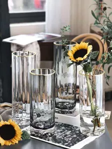 Nordic minimalist luxury transparent glass vase set with gold rim, ideal for home decor.
