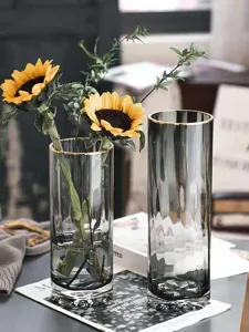 Nordic minimalist luxury smoky grey glass vase with gold rim for modern home decor flowers.