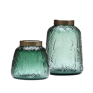 Green glass vase set with metal rim leaf engraved home decor living room flower arrangement