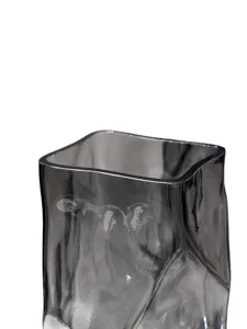 Modern geometric glass vase, transparent grey minimalist flower arrangement table art decor.