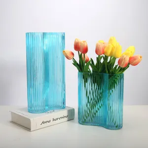 Blue wavy glass vase transparent desktop flower arrangement Nordic home decor ornament