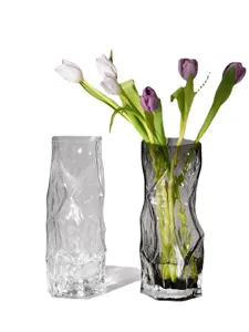 Modern geometric glass vase set, irregular clear and grey decorative flower vases for home decor.