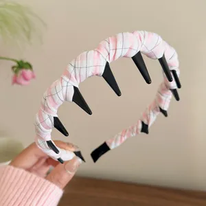 Pink plaid tooth headband detail, anti-slip fabric hair hoop for daily styling and face wash.