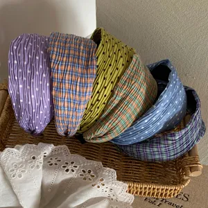Korean Preppy Style Plaid Polka Dot Headband For Women Ruched Wide Brim Head Band Hair Accessorie Everyday Hairband Gift