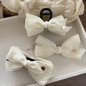 Elegant White Fabric Bowknot Hair Clip Gentle Lace Trim Ribbon Bow Hairpin Headwear Sweet Heart Pendant Barrette For Women Daily Dating Accessories