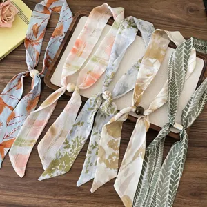 Vintage floral print chiffon silk scarf detail view with decorative beads for women summer