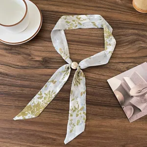 Vintage floral skinny scarf with bead accent, lightweight elegance neckerchief for chic everyday wear.