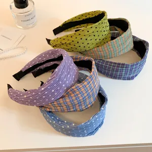 Korean style plaid polka dot headband for women, wide pleated hair hoop, trendy hair accessory.