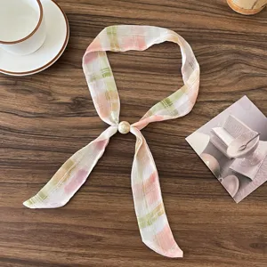 Retro floral beaded silk scarf, thin chiffon neckerchief with pearl buckle for women summer