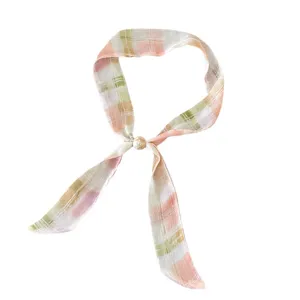 Retro literary floral beaded silk scarf, spring summer thin neckerchief versatile accessory.