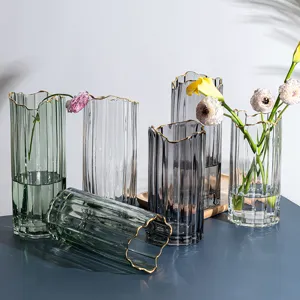 Moderne minimalistische goudgerande transparante cilindrische glazen vaas noordelijke decoratie