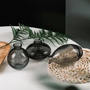 Minimalist smoky gray glass vase set of three, modern desktop floral decoration for home.