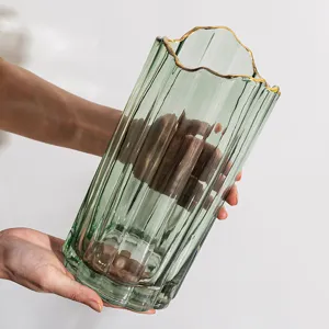 Moderne minimalistische transparante glazen cilinder vaas met gouden rand voor woonkamer