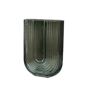Vase en verre strié en U gris nordique, récipient à fleurs transparent pour décoration