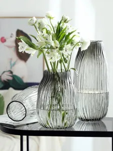 Nordic ribbed glass vase transparent hydroponic flower arrangement modern home decor ornament.