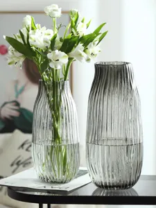 Large grey ribbed glass vase Nordic style transparent flower vase for home decor living room