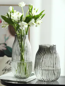 Nordic grey ribbed glass vase set for home decor, transparent flower arrangement container.