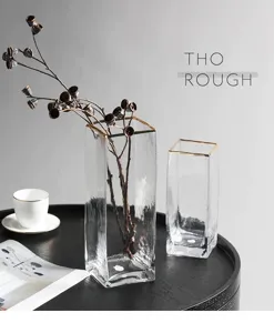 Nordic clear square glass vase with gold rim for modern home decor and hydroponic plant arrangement.