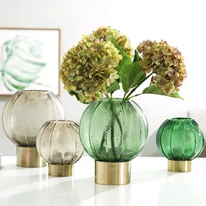 Nordic Style Striped Glass Vase With Metal Base Decorative Flower Pot For Living Room Bedroom Home Decor Tabletop Ornament