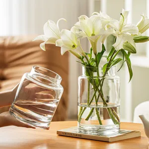 Vase en verre transparent a large col court pour decoration interieure et art floral moderne