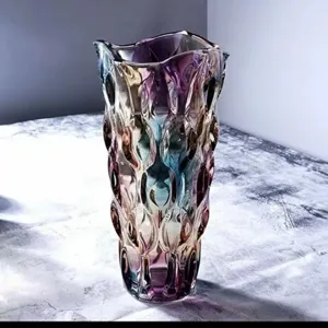 European Luxury Iridescent Crystal Glass Flower Vase 3D Textured Decorative Vessel for Living Room Hotel Home Decor