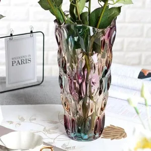 Nordic thickened crystal glass vase detail showing gradient rainbow diamond texture and stems.