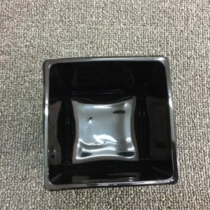 Détail rapproché du récipient vase en verre carré noir pour présentation de plantes hydroponiques.