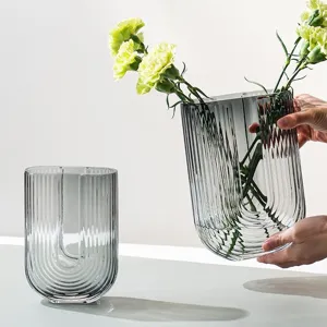 Minimalist transparent grey U-shaped glass vase for modern home decor flower arrangement