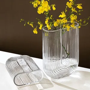 Transparent U-shaped ribbed glass vase for modern Nordic home decor, flower arrangement