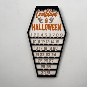 Coffin-shaped wooden Halloween countdown calendar with ghost design for DIY home decor