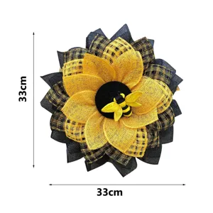 Vue détaillée d'une couronne de tournesol et d'abeilles de 33 cm pour la décoration murale