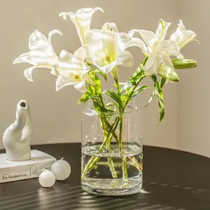 Vase à fleurs en verre transparent pour décoration, grand goulot pour compositions florales.