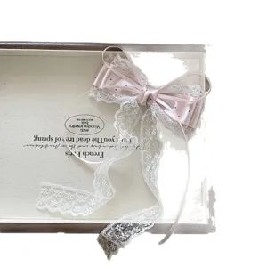 Pink satin polka dot bow hair clip with white lace sweet cute hair accessory for women girls