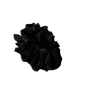 Coletero de pelo de satén plisado negro, goma elástica grande de doble capa para peinados.