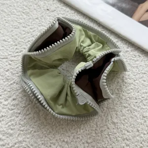 Unique zipper design hair scrunchie green and brown color block stylish fabric hair tie.