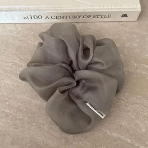 Graues Netz-Haargummi Detailaufnahme, weiches Organza Haarband, elegantes minimalistisches Haar.