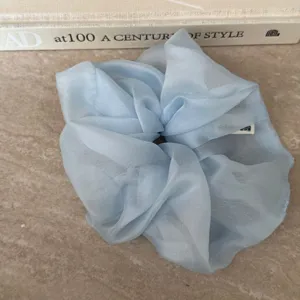 Detailansicht eines hellblauen Organza Haargummis, weiche Mesh-Struktur für elegantes Styling.