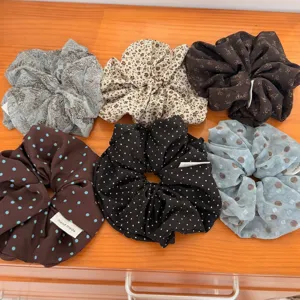 Set of 6 vintage floral and polka dot hair scrunchies, soft chiffon ponytail holders for women.