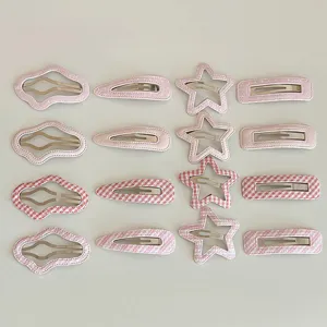 Sweet Pink Fabric Covered Metal BB Hair Clips Cute Checkered Polka Dot Star Cloud Side Bangs Snap Barrettes For Girls Women Headwear Accessories