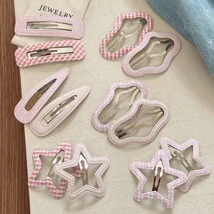 Sweet pink hair clips set featuring cute star, cloud and plaid patterns for daily hair styling.