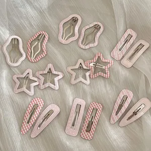 Pink plaid star cloud hair clips detail shot, sweet girls hairpin hair accessories flatlay
