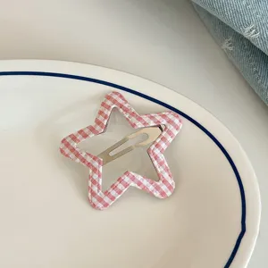 Pink gingham star hair clip, sweet aesthetic cute hair accessory for bangs and styling details.