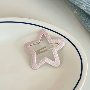 Pink star hair clip detail shot, cute fabric snap hairpin for sweet daily styling and bangs.
